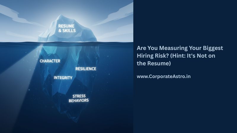 An iceberg representing hiring risk, with the small visible tip labeled 'Resume & Skills' and the massive hidden underwater part labeled 'Character, Resilience, Integrity.'