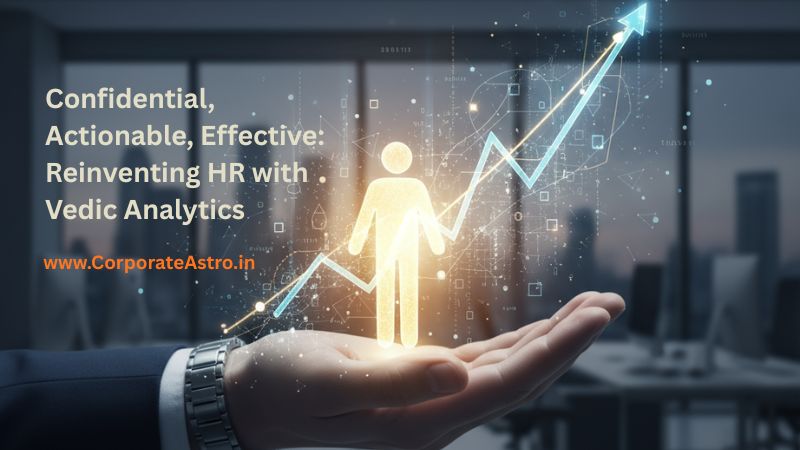 A hand confidentially shielding a glowing human icon from which actionable data streams flow, forming an effective upward graph, symbolizing the reinvention of HR with Vedic Analytics.