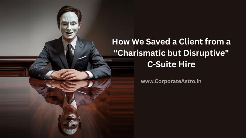 A person in a suit holding a smiling, charismatic mask, while their true, disruptive reflection is seen on the table, symbolizing a case study in C-suite hiring.