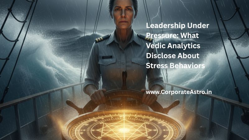 A calm ship's captain navigating a stormy sea, guided by a compass glowing with a Vedic chart, symbolizing leadership and resilience under pressure.