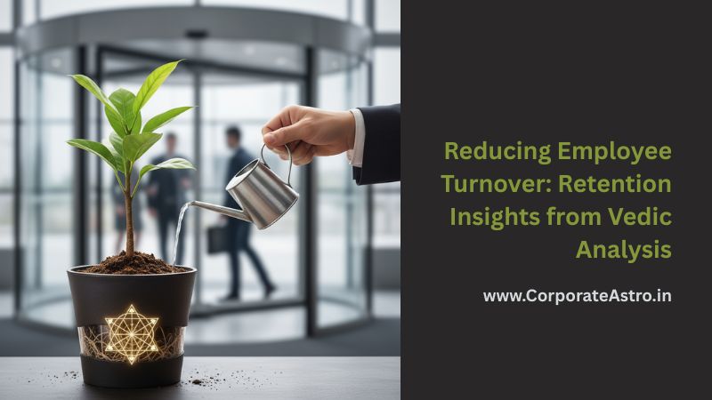 A healthy, well-rooted plant being watered, with a faint Vedic chart on the pot, contrasting with a blurred revolving door in the background, symbolizing employee retention through Vedic insights.