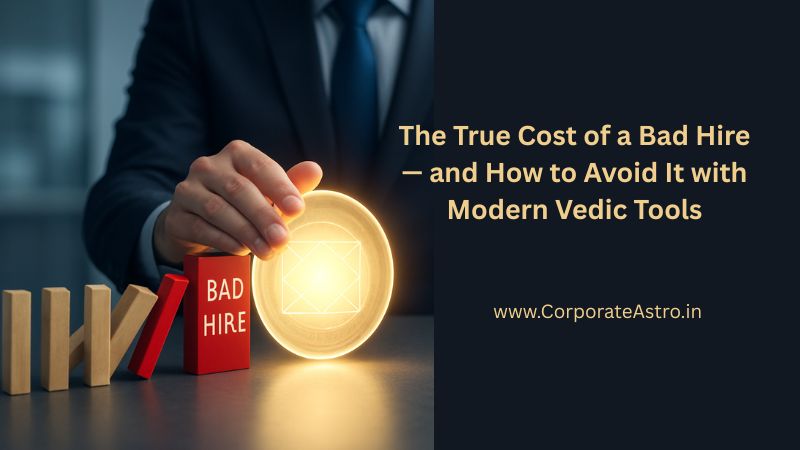 A hand placing a glowing disc with a Vedic chart pattern to stop a falling red domino, symbolizing how Vedic tools prevent the costly chain reaction of a bad hire.